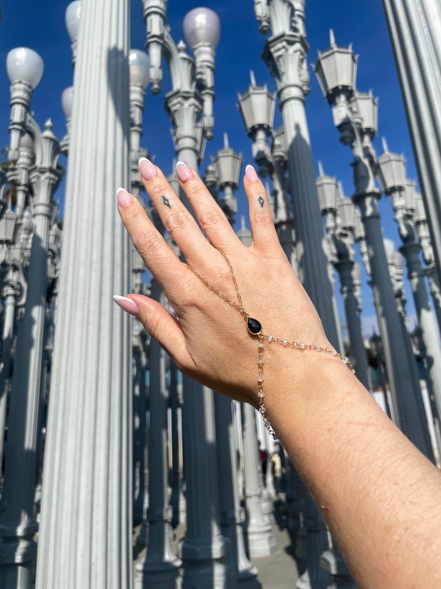 Black Spinel w/ Wrapped Moonstone Gold Hand Chain