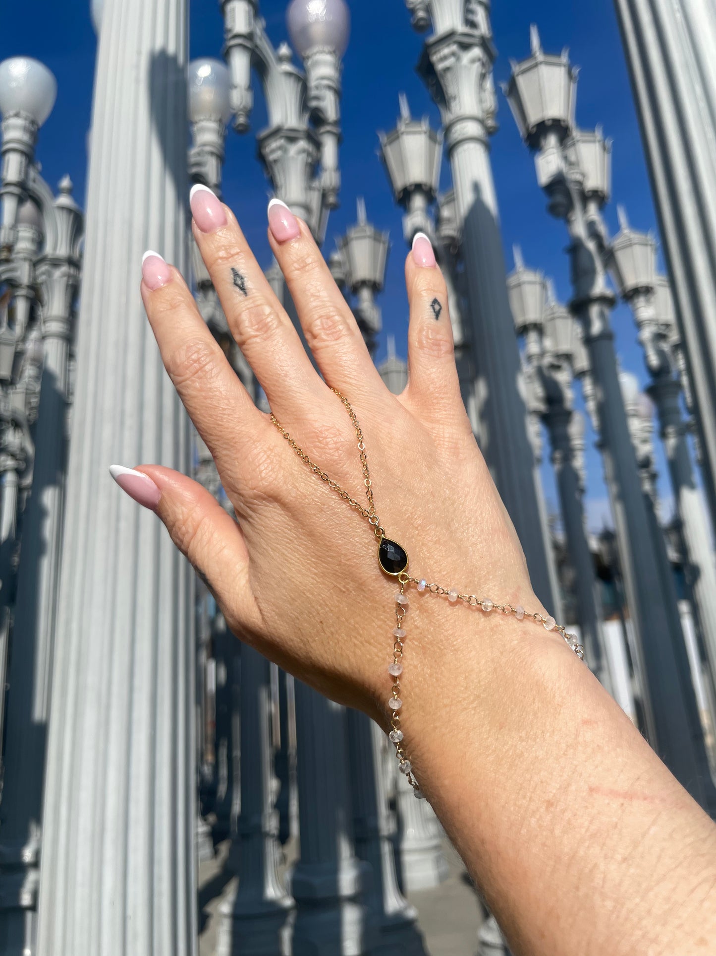 Black Spinel w/ Wrapped Moonstone Gold Hand Chain