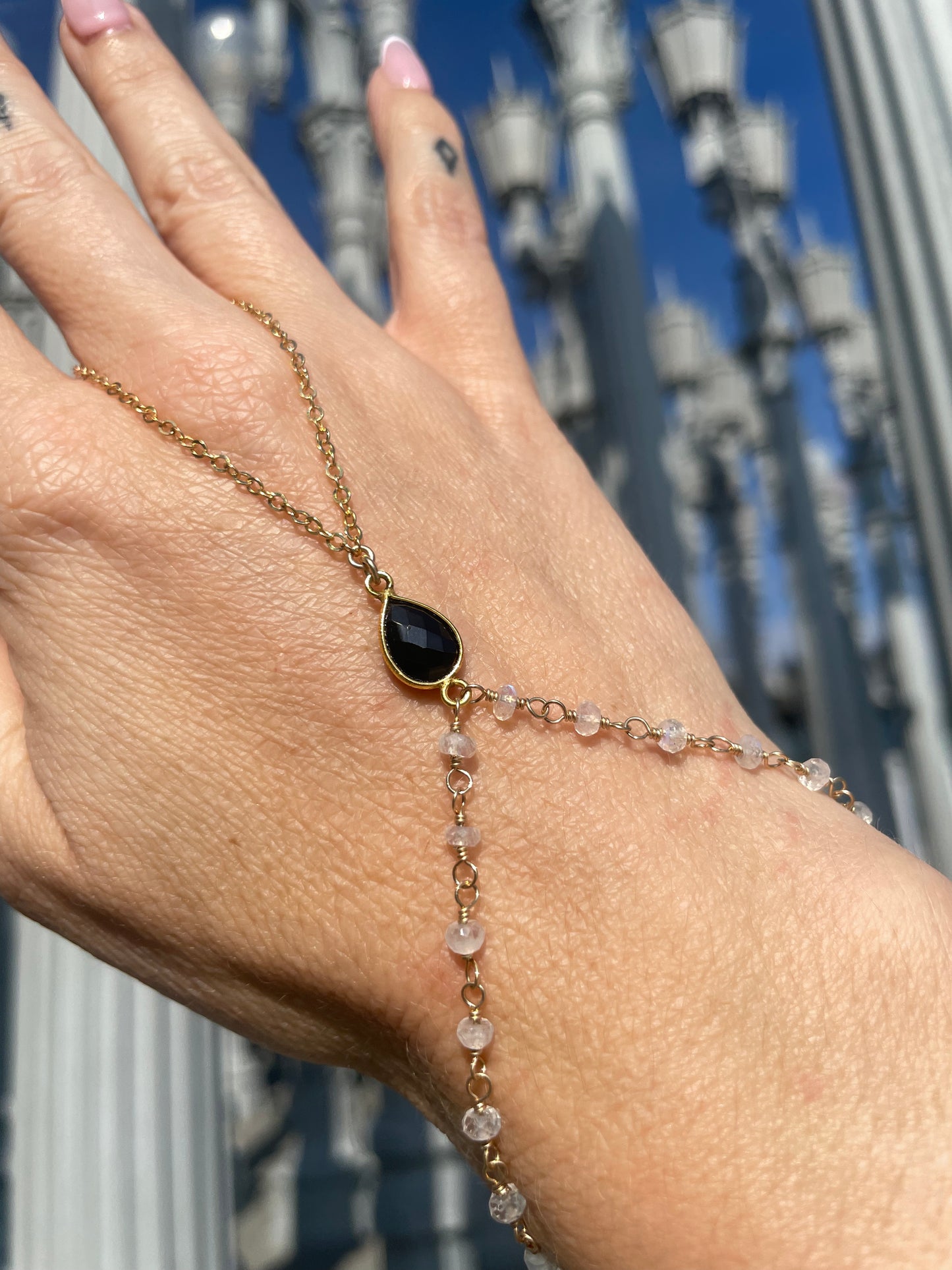 Black Spinel w/ Wrapped Moonstone Gold Hand Chain