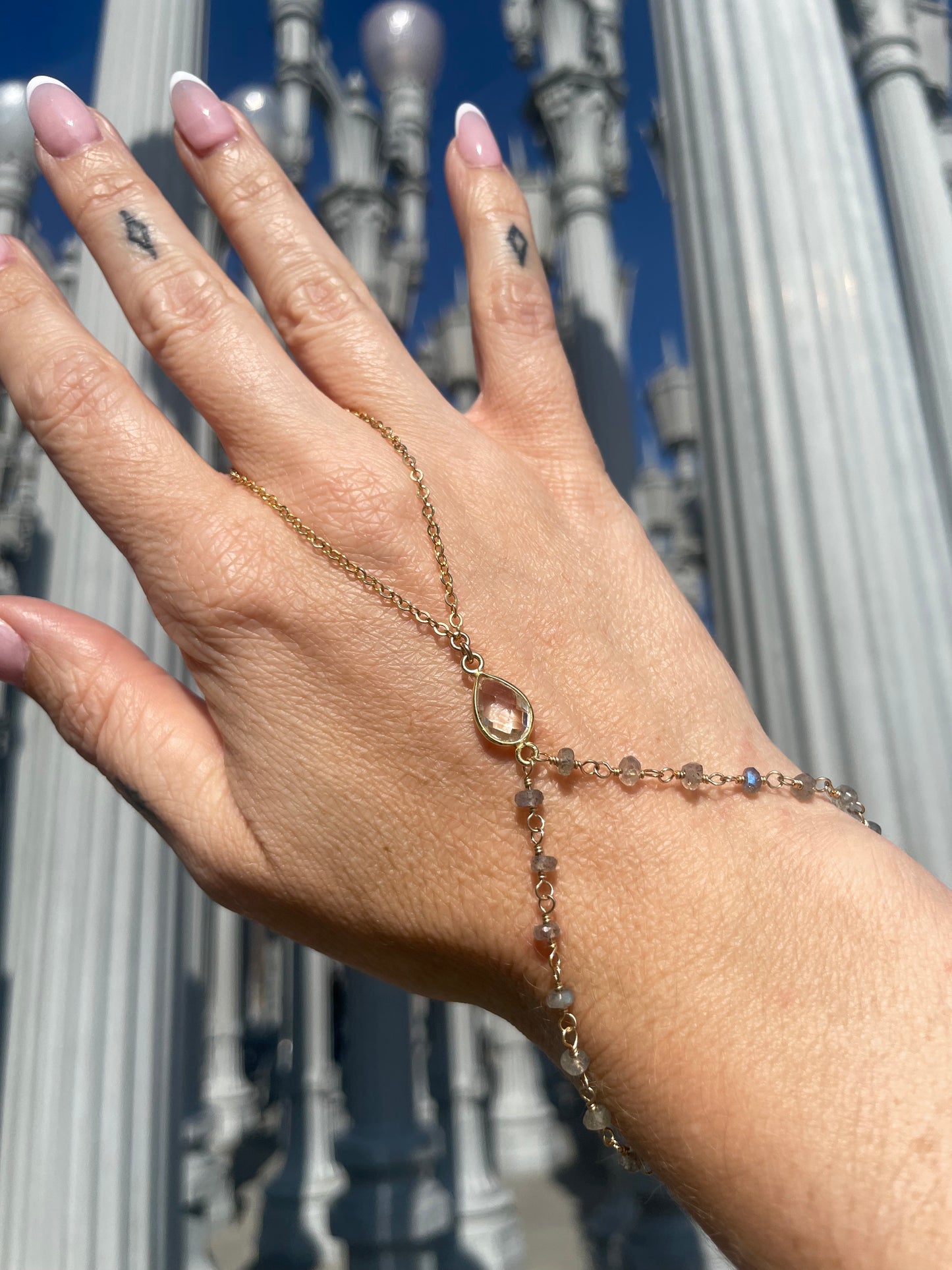 Crystal Quartz w/ Wrapped Labradorite Gold Hand Chain