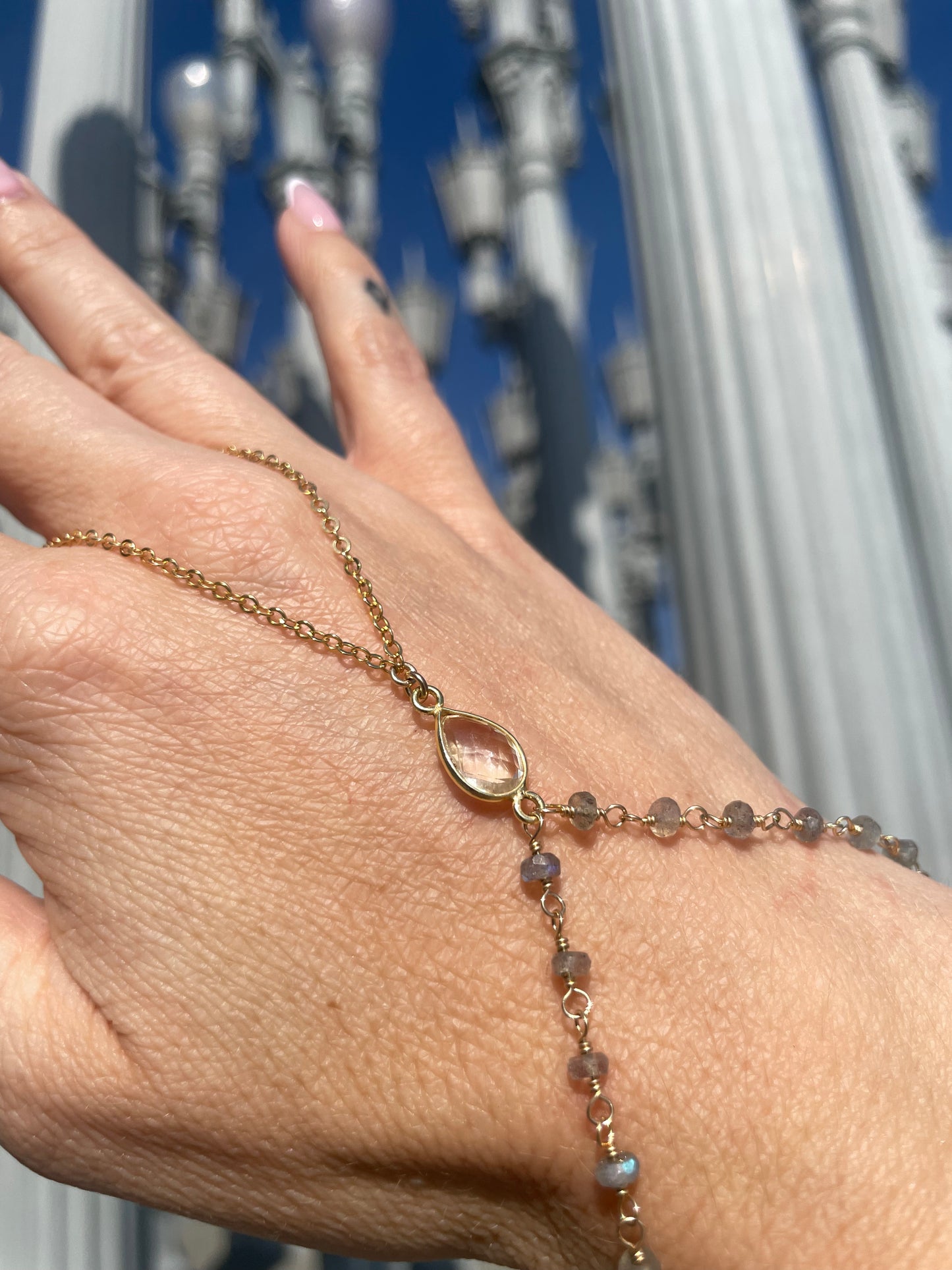 Crystal Quartz w/ Wrapped Labradorite Gold Hand Chain