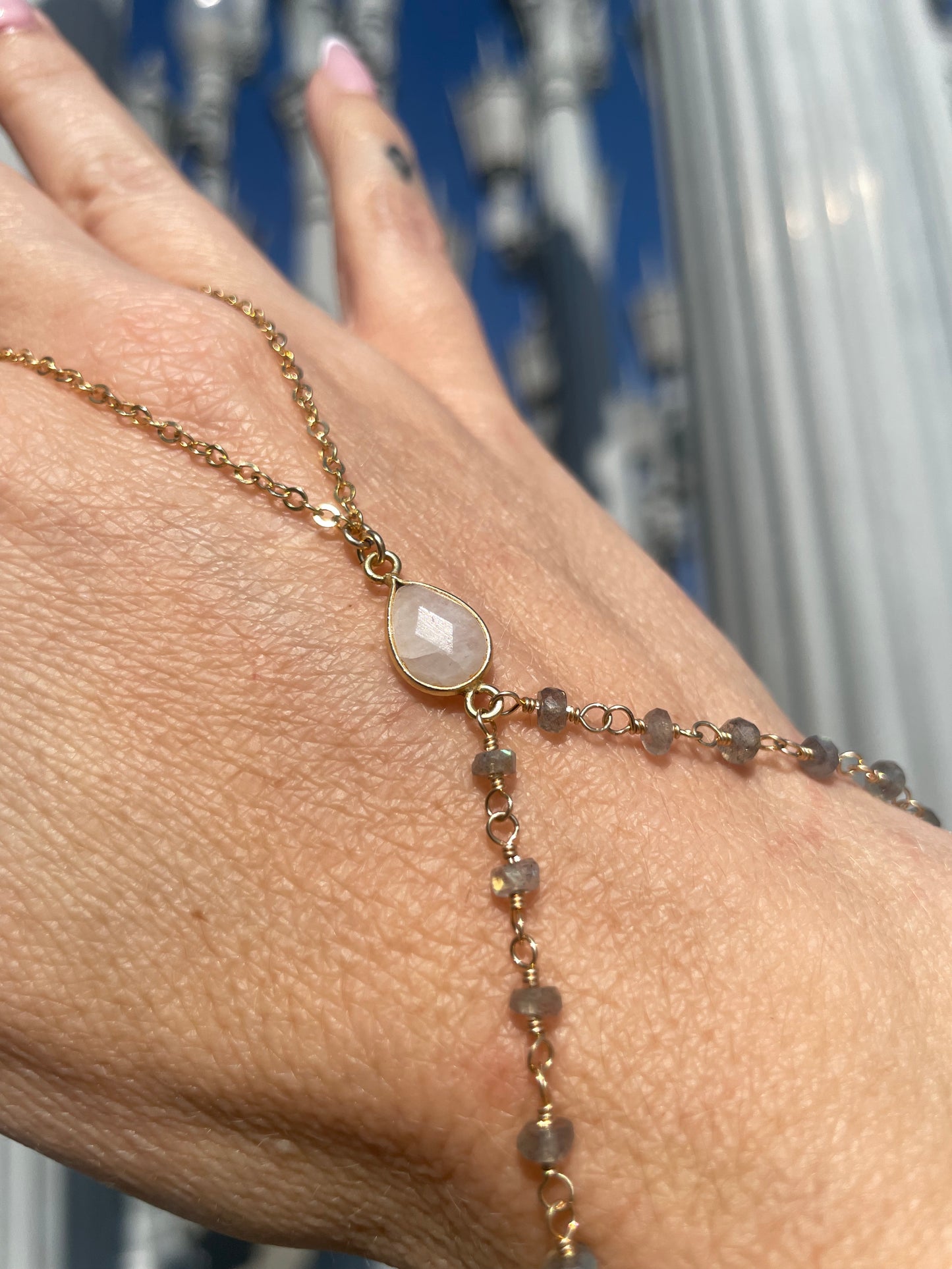 Moonstone w/ Wrapped Labradorite Gold Hand Chain