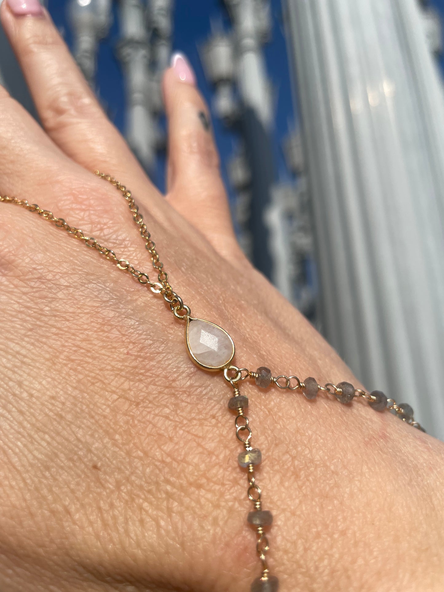 Moonstone w/ Wrapped Labradorite Gold Hand Chain