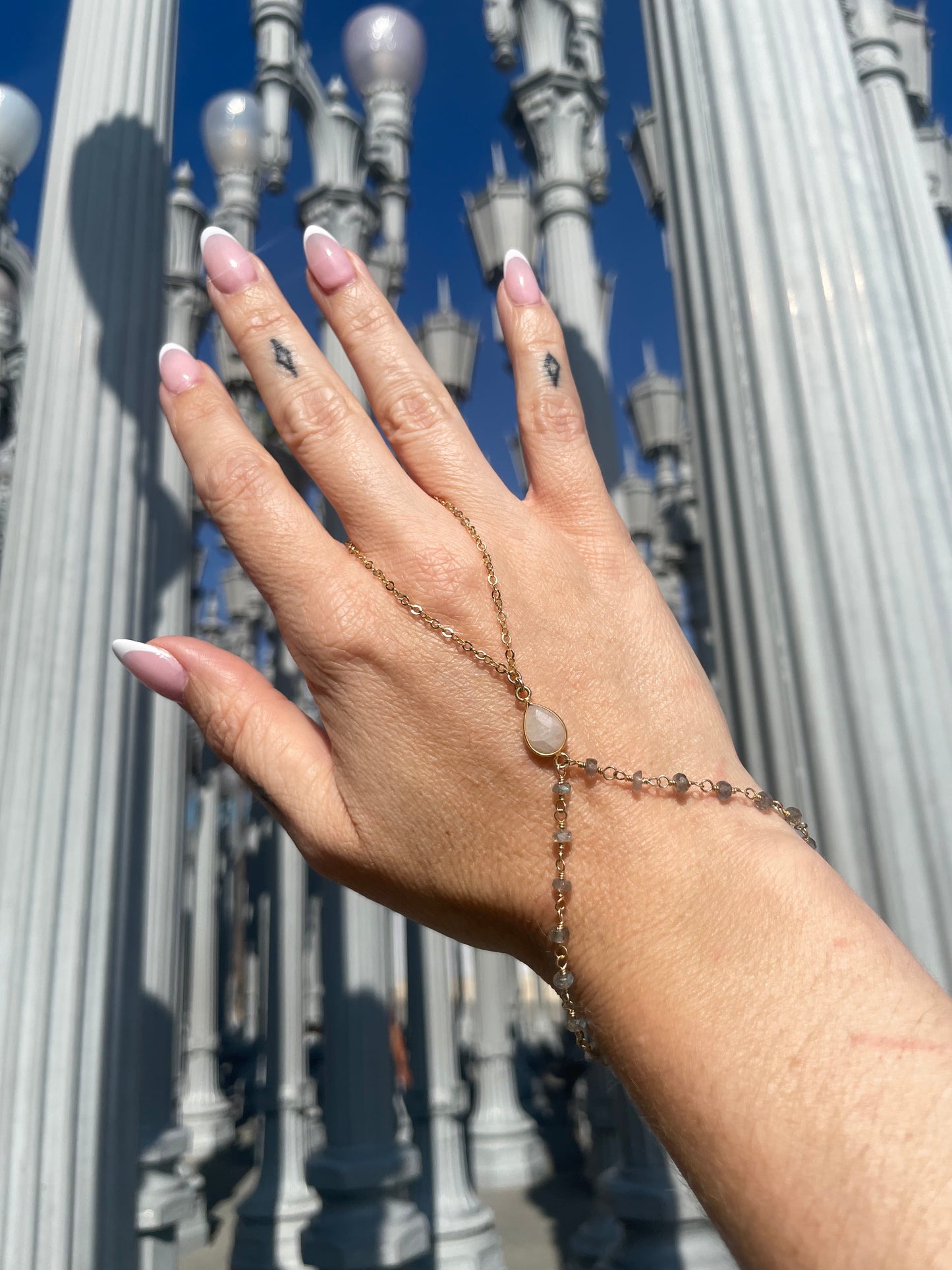 Moonstone w/ Wrapped Labradorite Gold Hand Chain