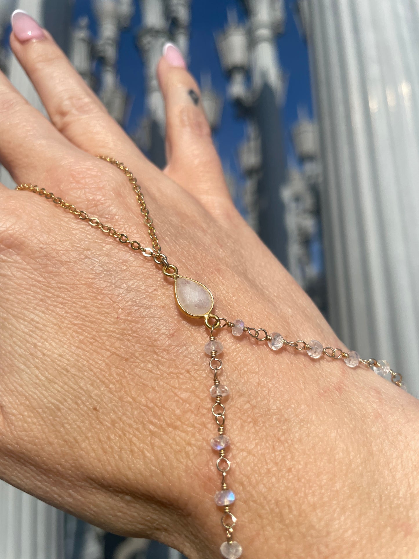 Moonstone w/ Wrapped Moonstone Gold Hand Chain