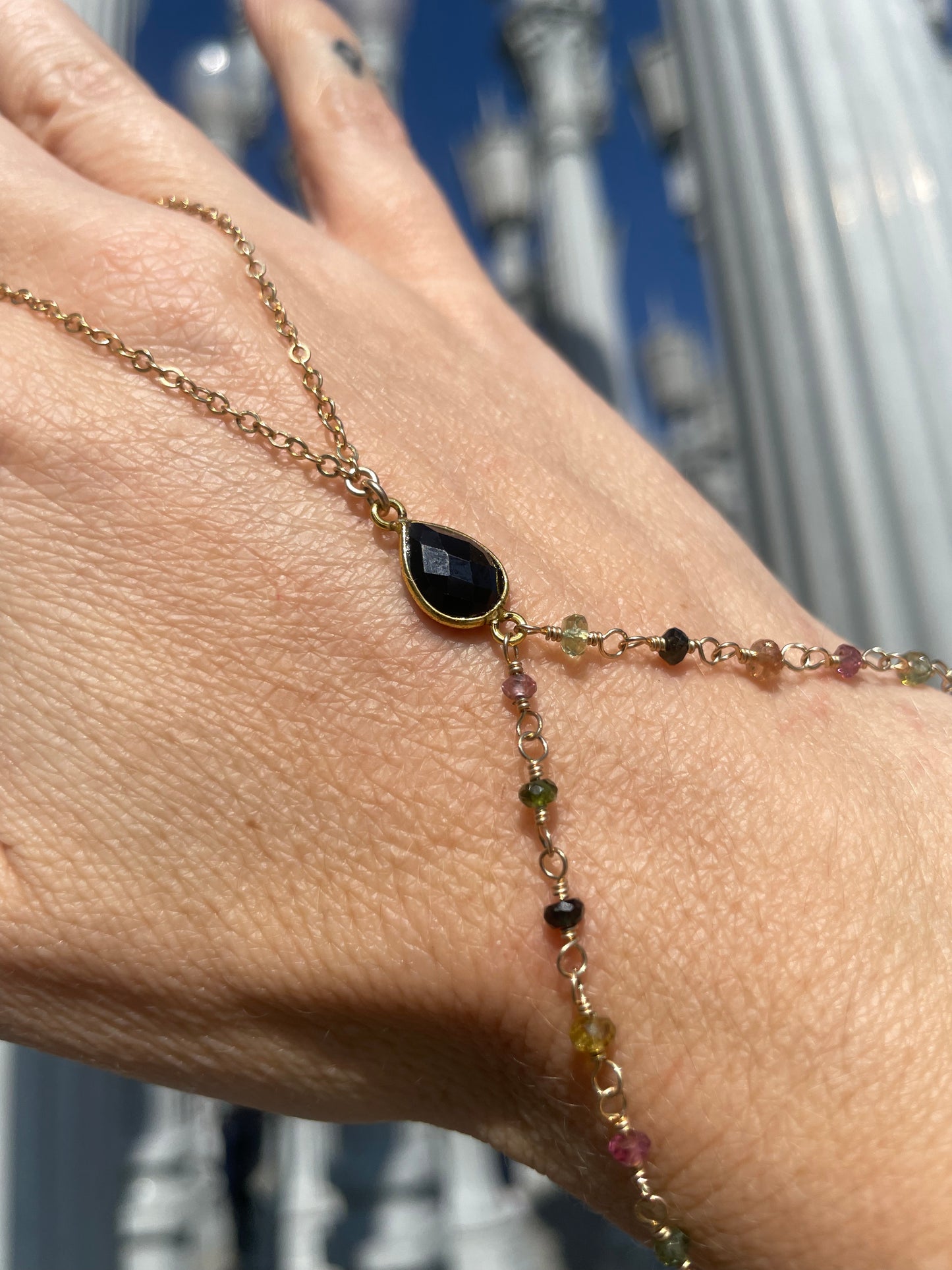 Black Spinel w/ Wrapped Tourmaline Gold Hand Chain