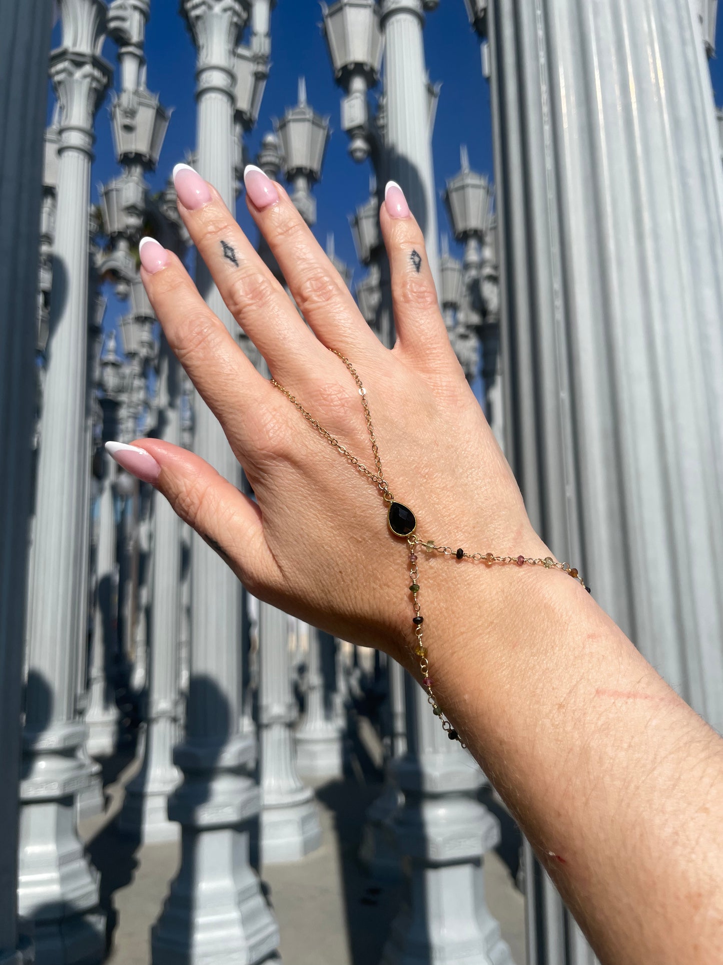 Black Spinel w/ Wrapped Tourmaline Gold Hand Chain