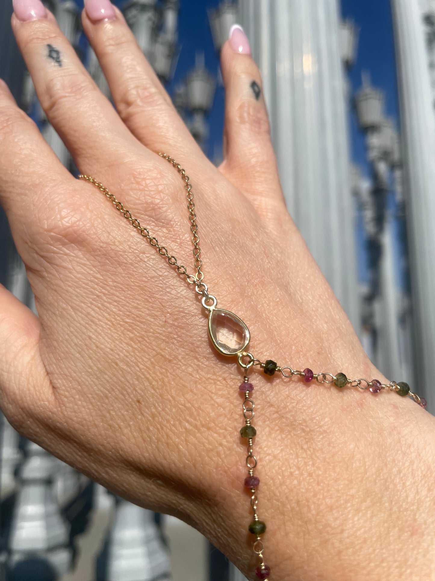 Crystal Quartz w/ Wrapped Tourmaline Gold Hand Chain