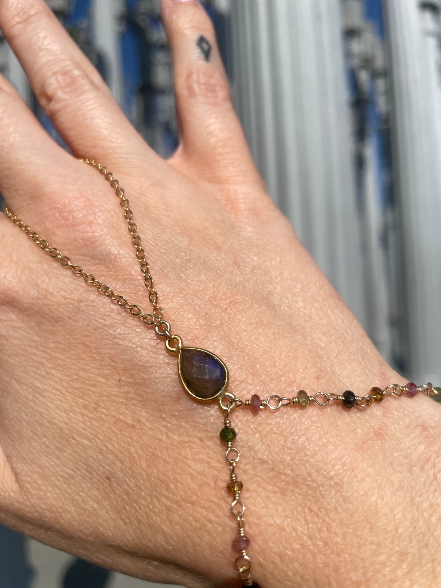 Labradorite w/ Wrapped Tourmaline Gold Hand Chain