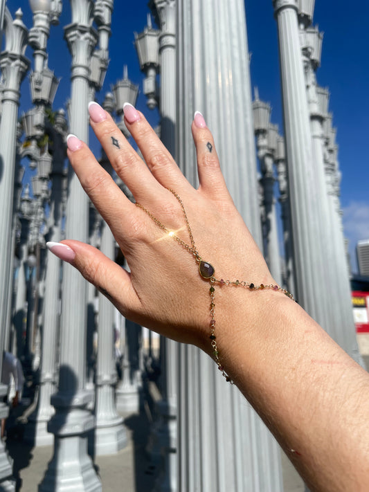 Labradorite w/ Wrapped Tourmaline Gold Hand Chain