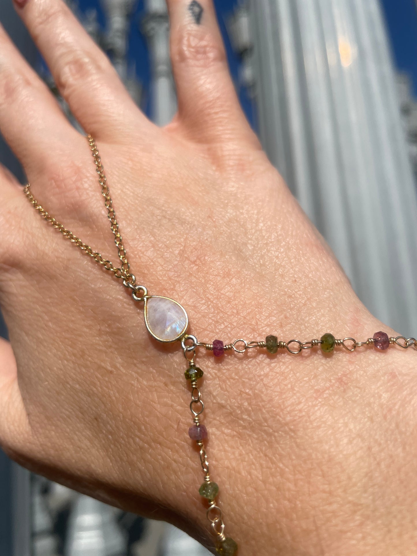 Moonstone w/ Wrapped Tourmaline Gold Hand Chain