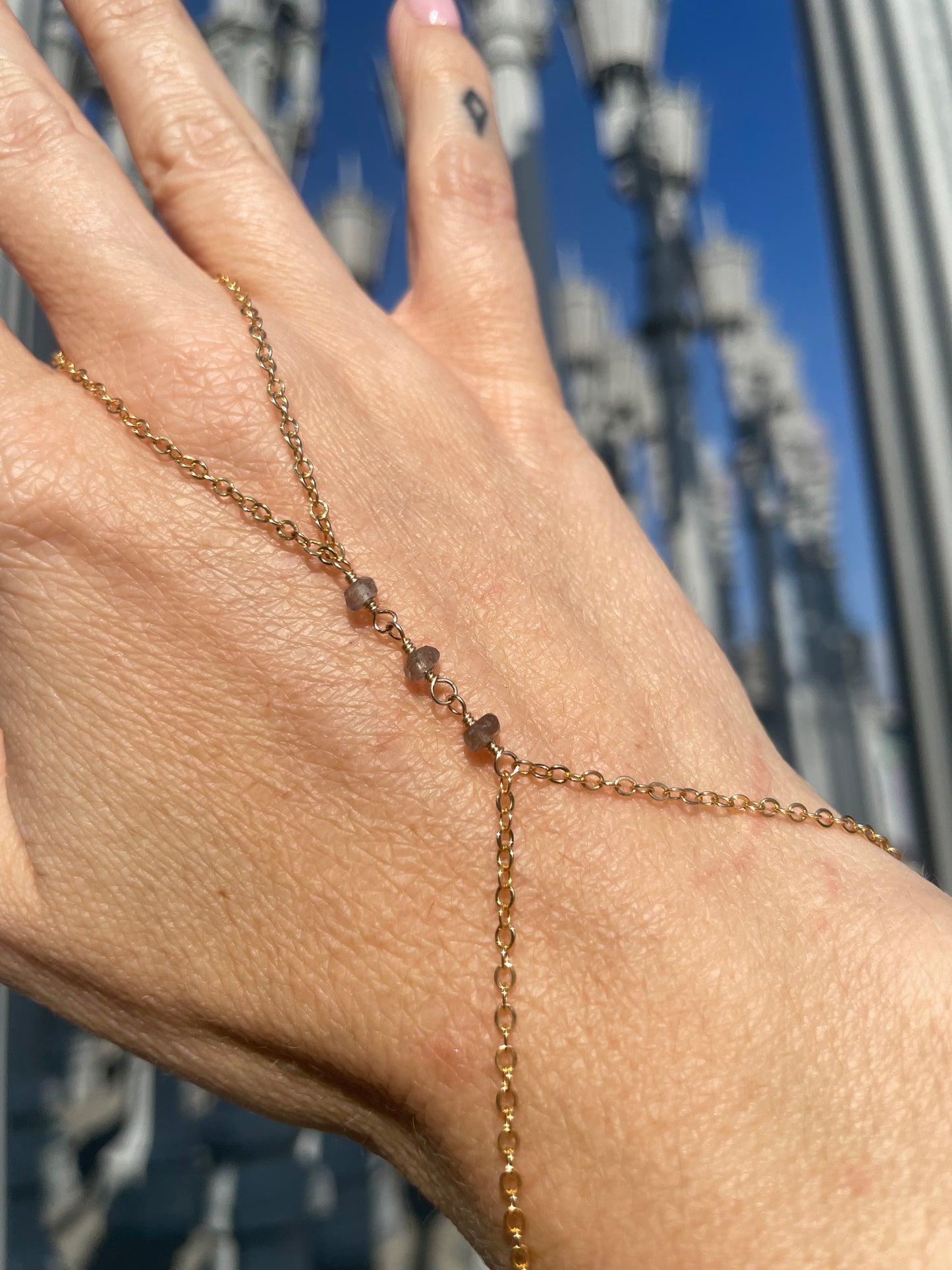 Labradorite Wrapped Gold Hand Chain