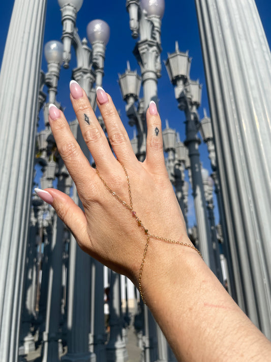 Tourmaline Wrapped Gold Hand Chain