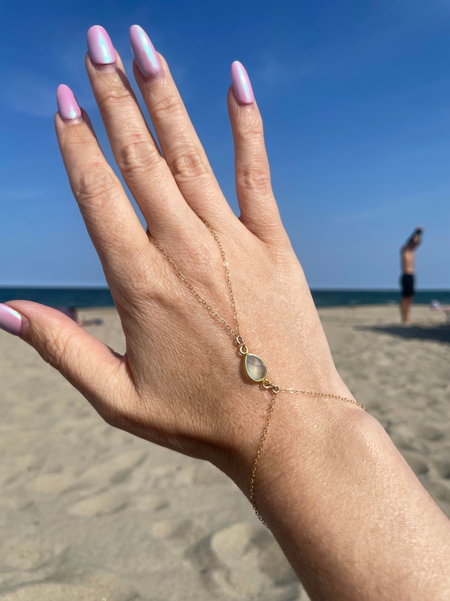 Sea Blue Chalcedony Gold Hand Chain