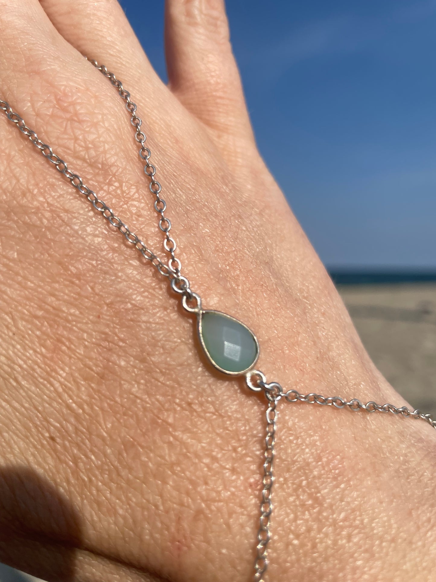 Sea Blue Chalcedony Silver Hand Chain