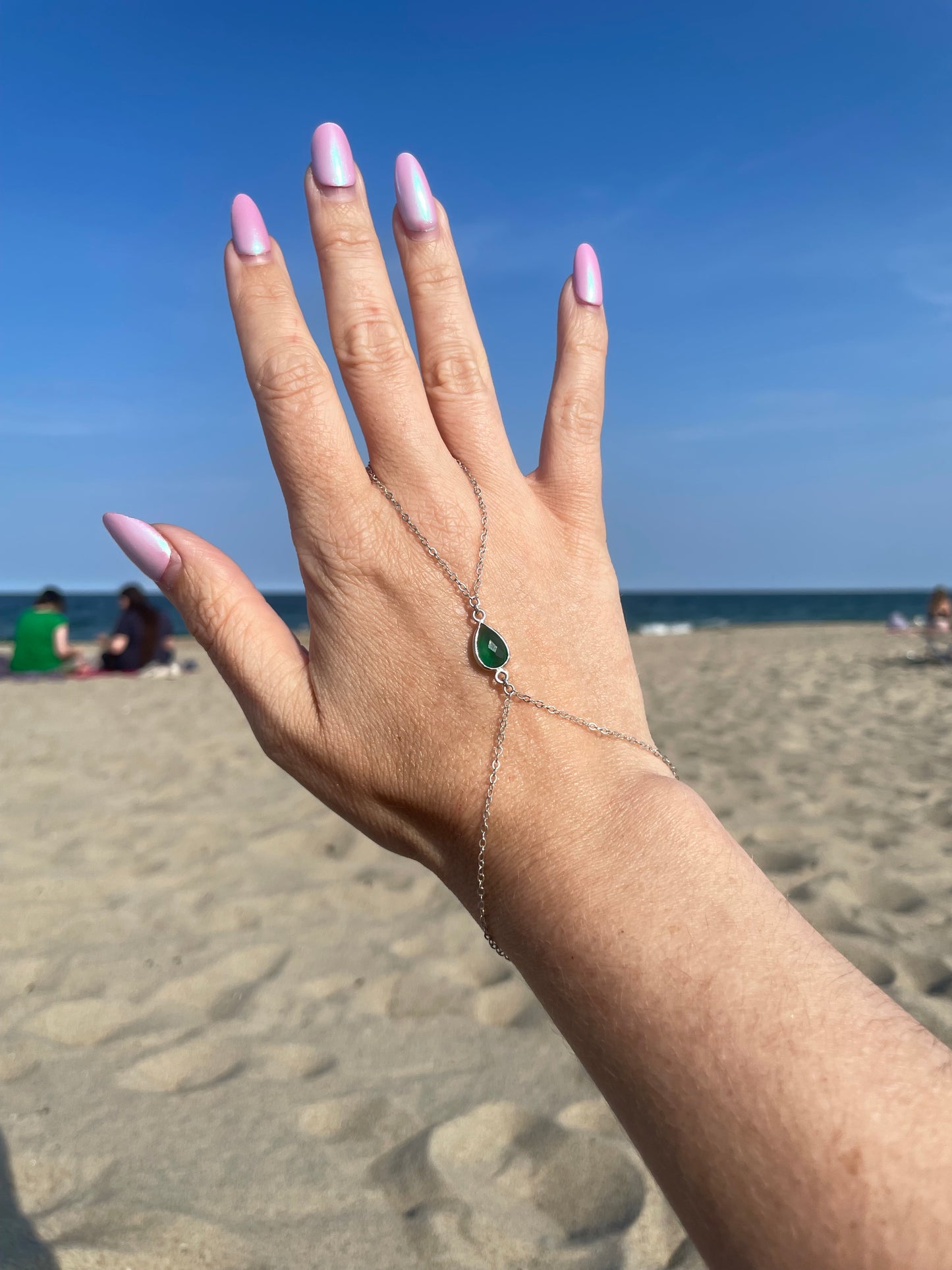 Green Onyx Silver Hand Chain