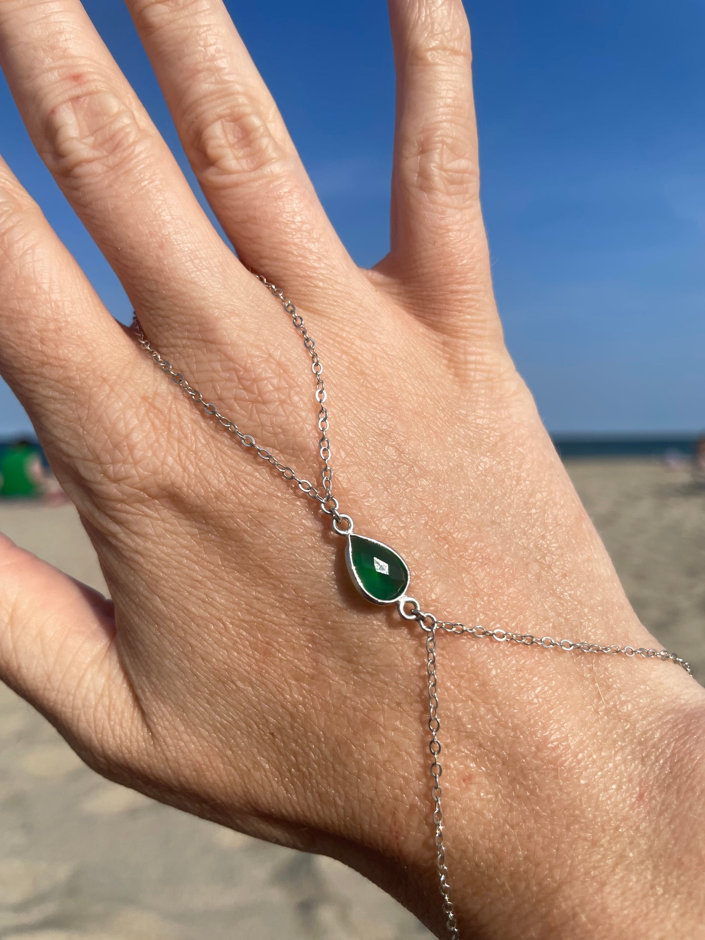 Green Onyx Silver Hand Chain