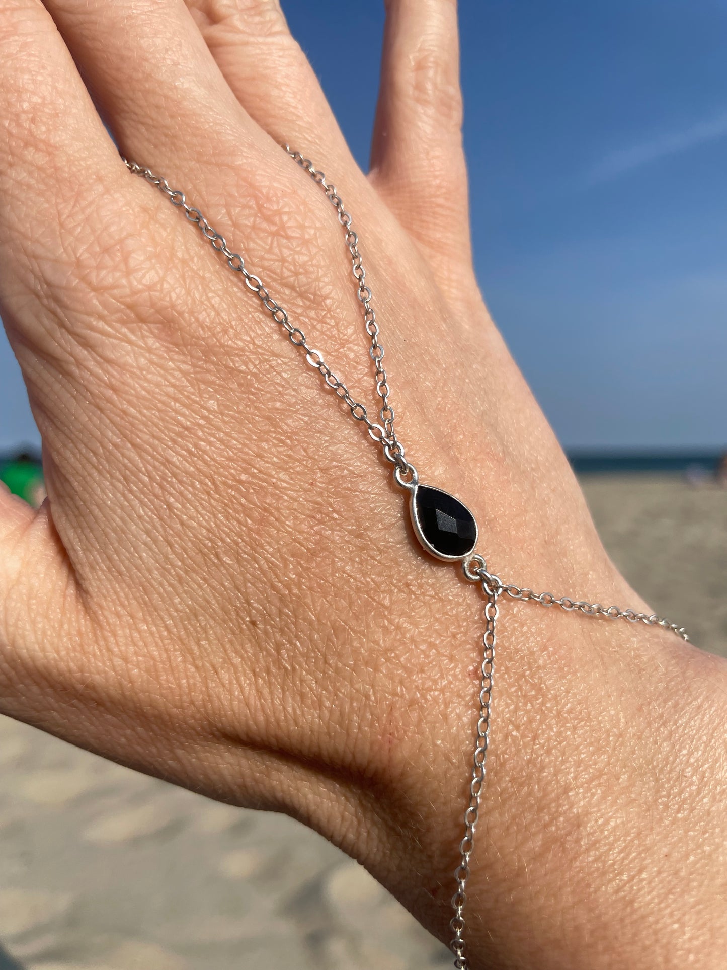 Black Spinel Silver Hand Chain