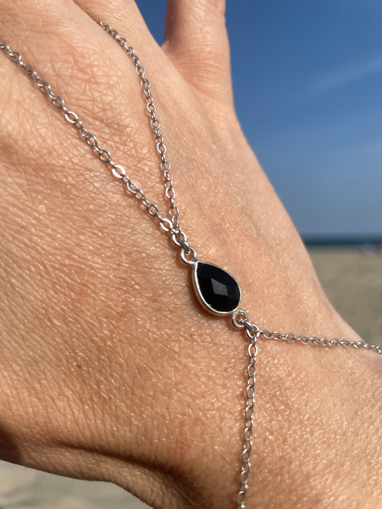 Black Spinel Silver Hand Chain