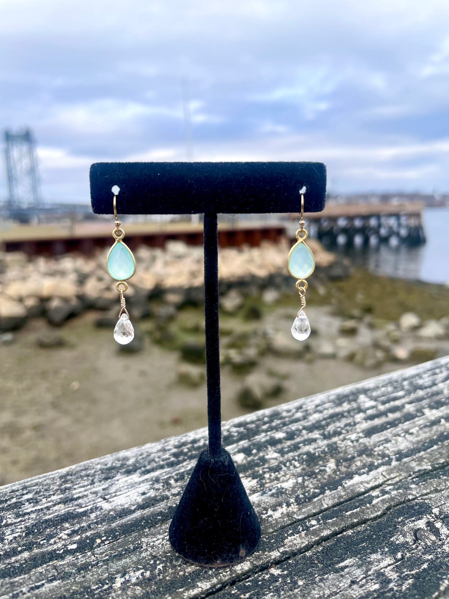 Seablue Chalcedony Gold Teardrop Earrings