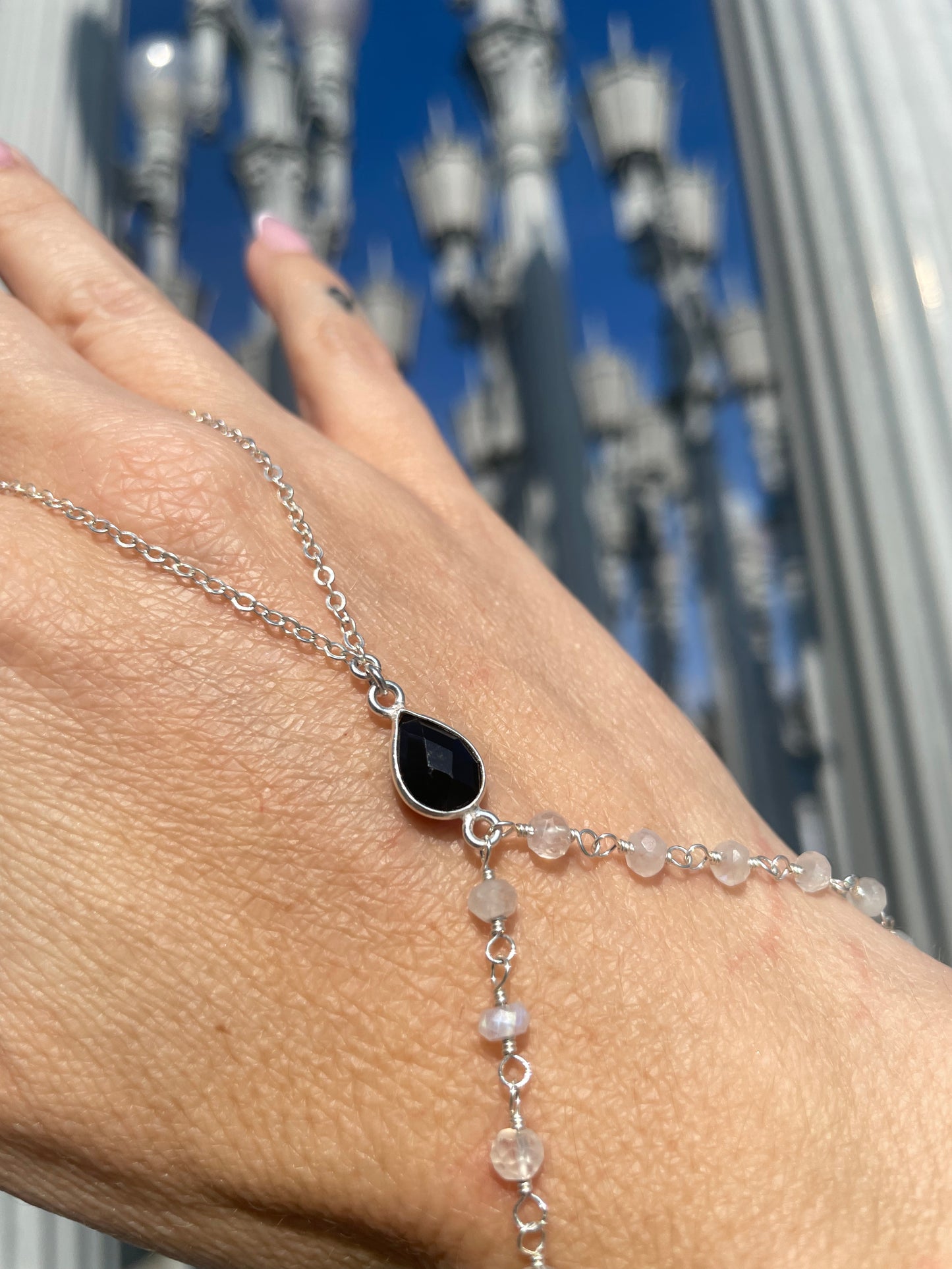 Black Spinel w/ Wrapped Moonstone Silver Hand Chain