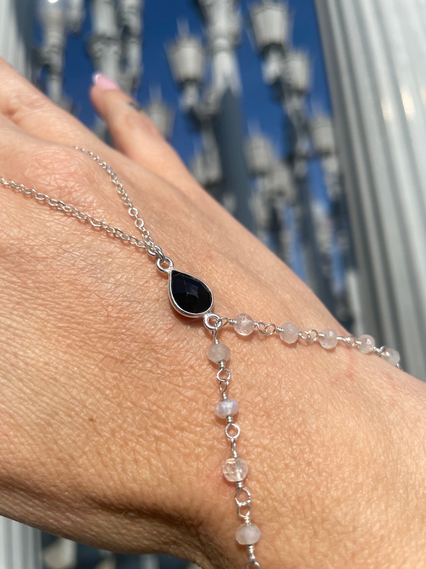 Black Spinel w/ Wrapped Moonstone Silver Hand Chain