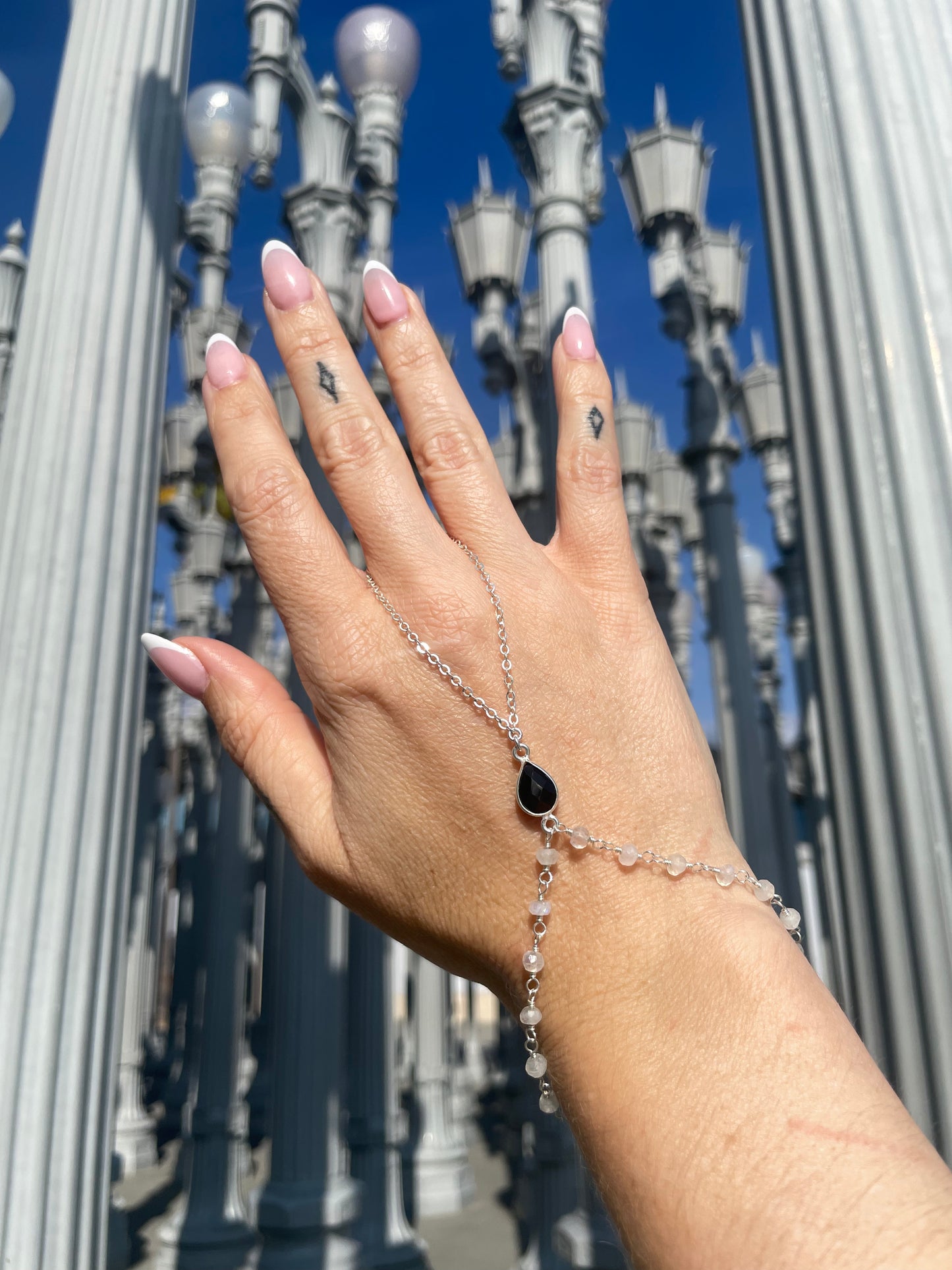 Black Spinel w/ Wrapped Moonstone Silver Hand Chain