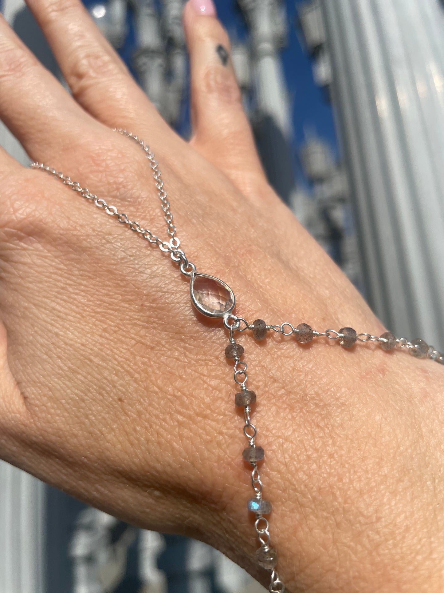 Crystal Quartz w/ Wrapped Labradorite Silver Hand Chain