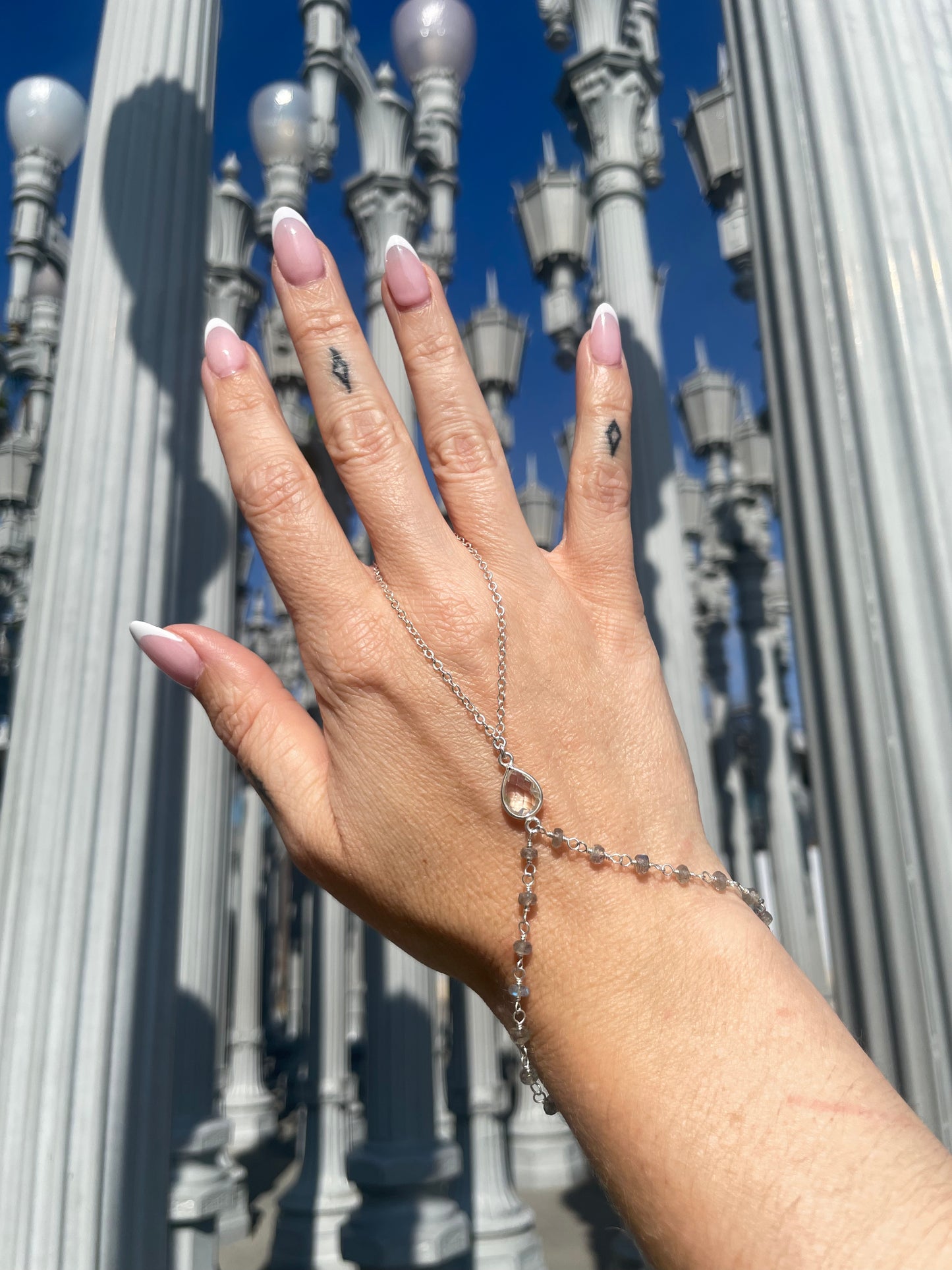 Crystal Quartz w/ Wrapped Labradorite Silver Hand Chain