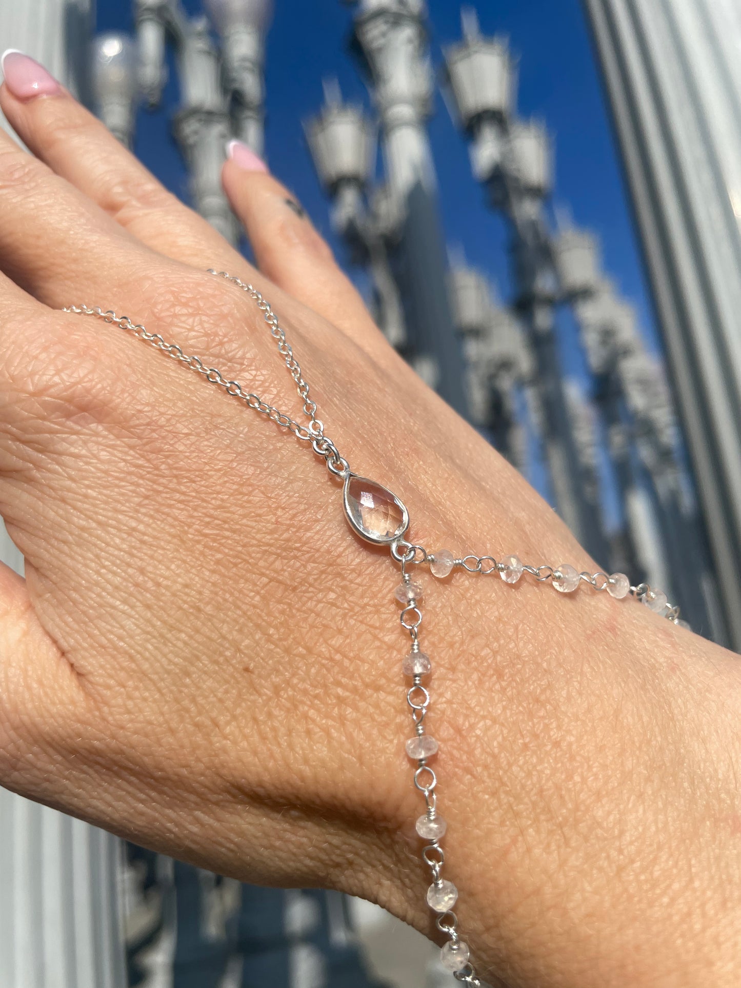 Crystal Quartz w/ Wrapped Moonstone Silver Hand Chain