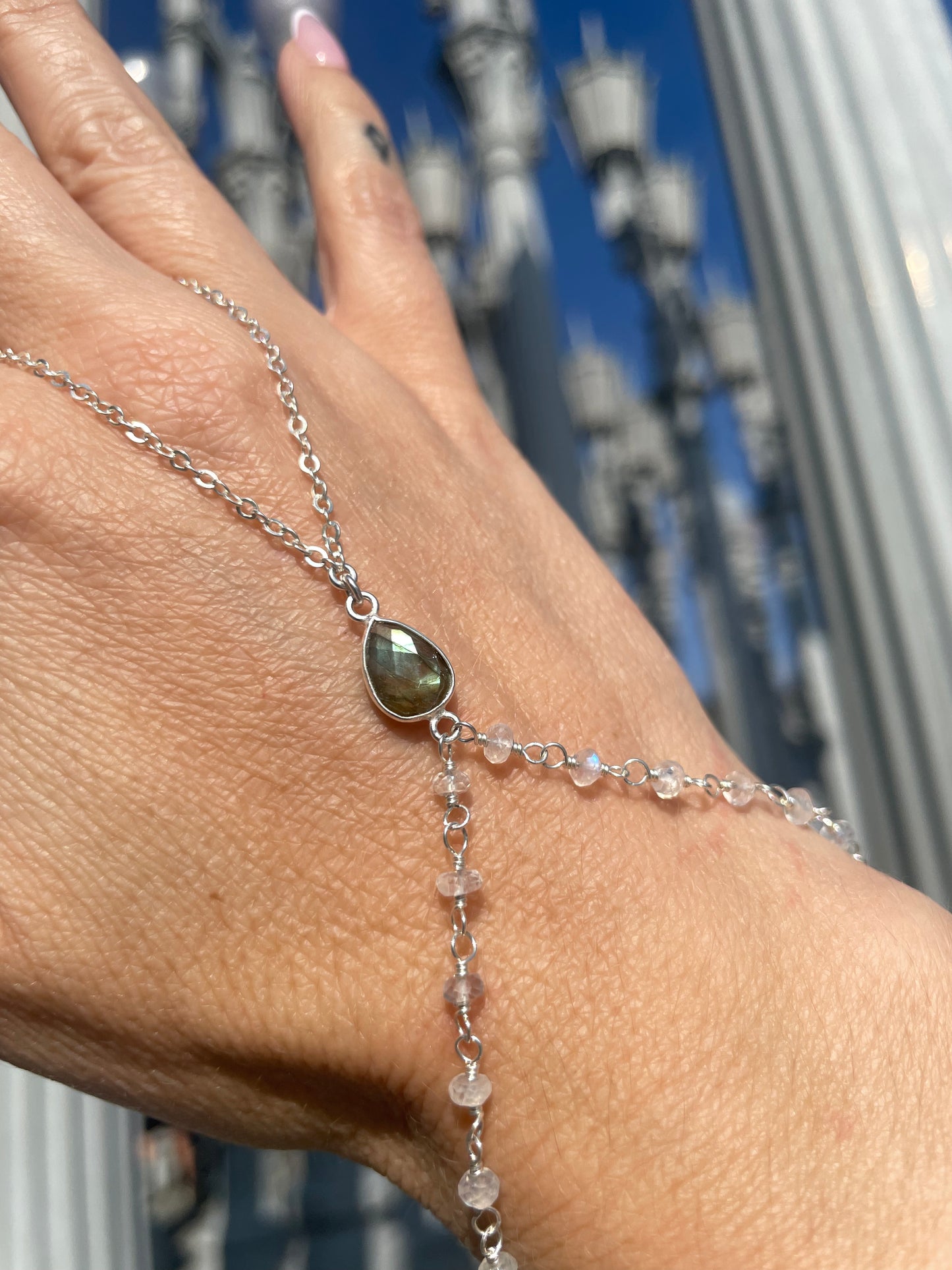 Labradorite w/ Wrapped Moonstone Silver Hand Chain