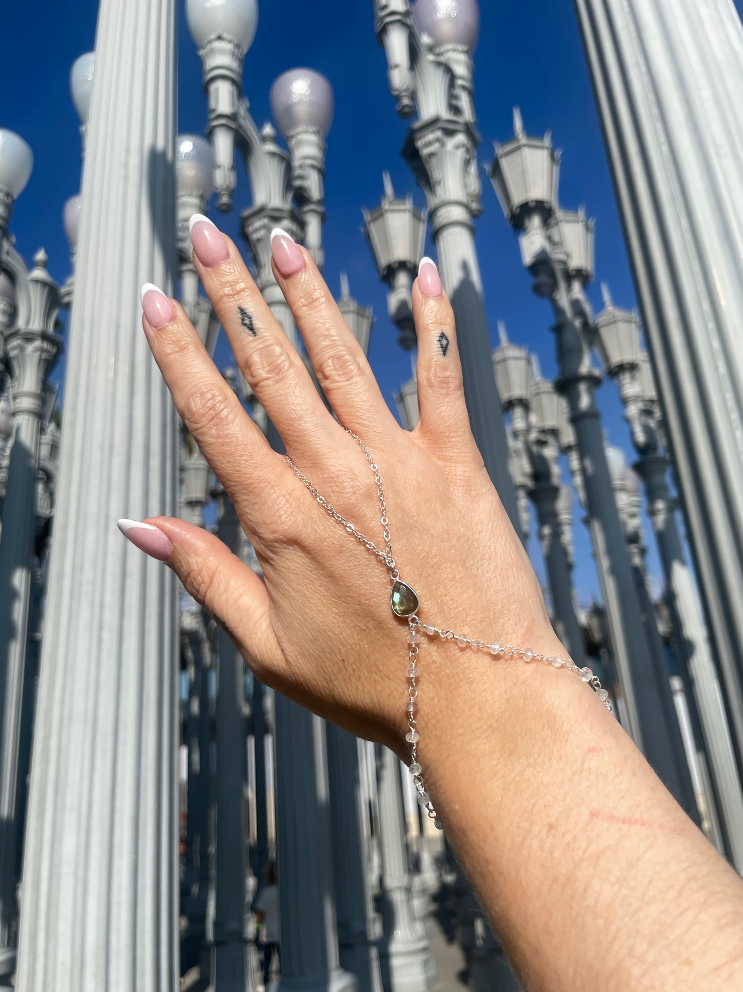 Labradorite w/ Wrapped Moonstone Silver Hand Chain