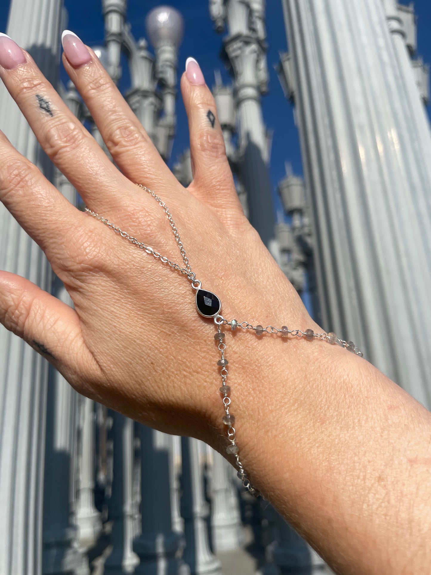 Black Spinel w/ Wrapped Tourmaline Silver Hand Chain