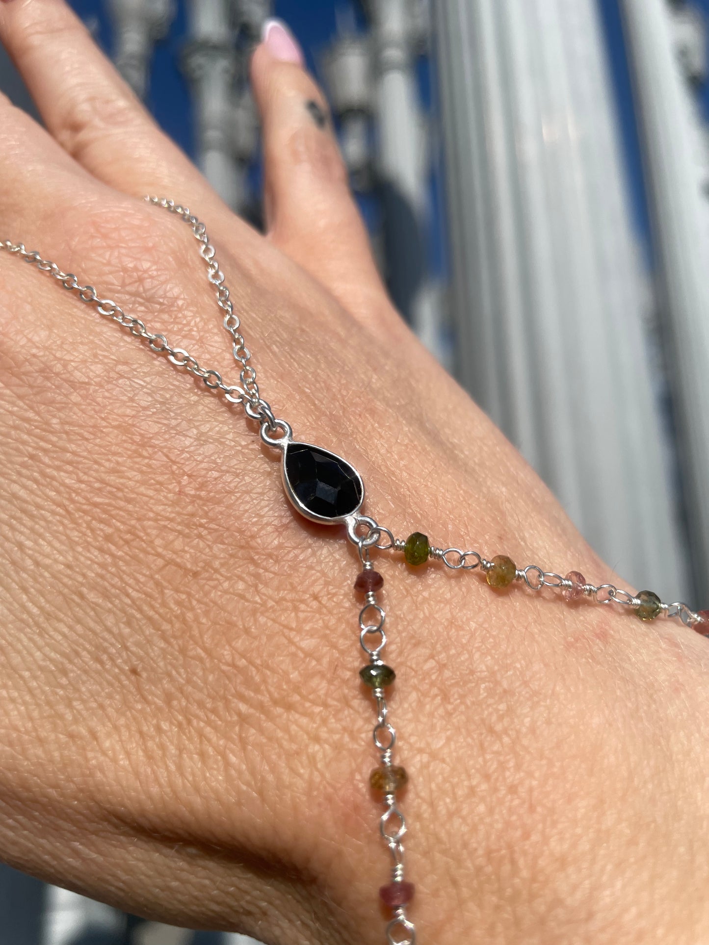 Black Spinel w/ Wrapped Tourmaline Silver Hand Chain