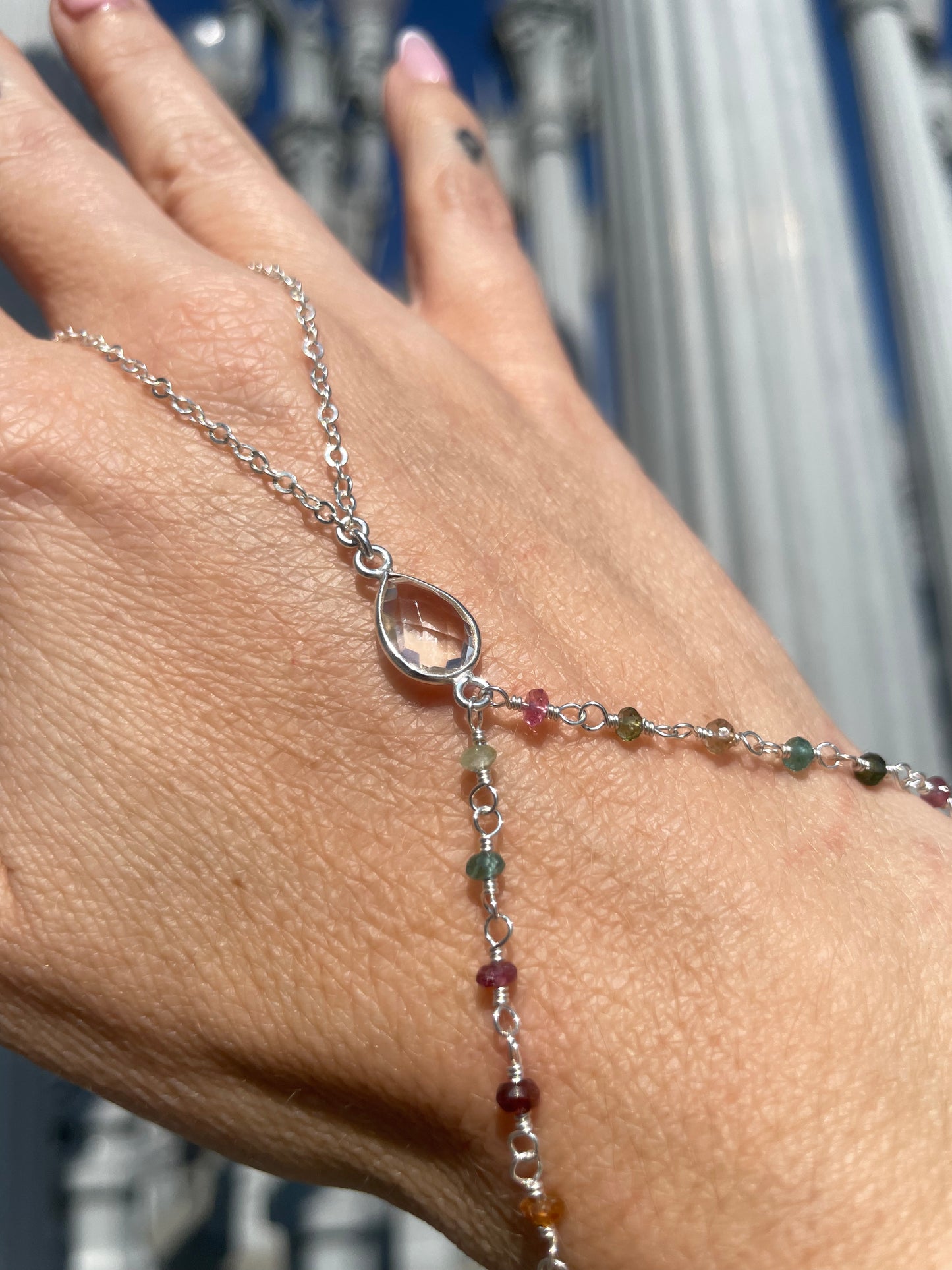 Crystal Quartz w/ Wrapped Tourmaline Silver Hand Chain