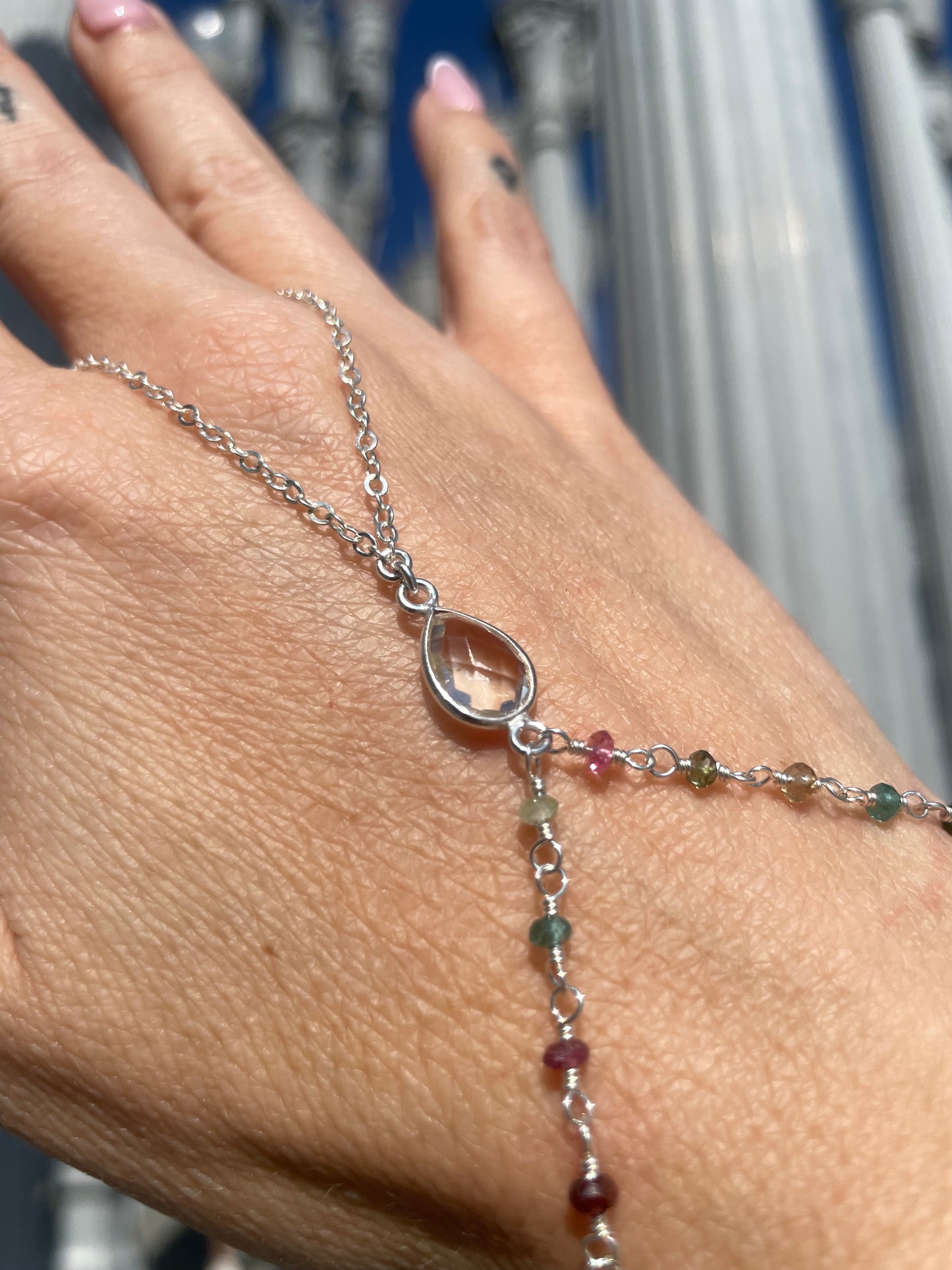 Crystal Quartz w/ Wrapped Tourmaline Silver Hand Chain