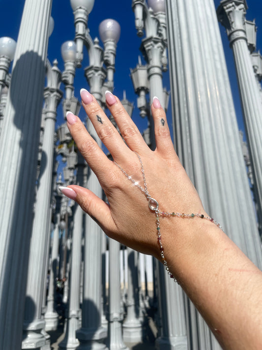 Crystal Quartz w/ Wrapped Tourmaline Silver Hand Chain