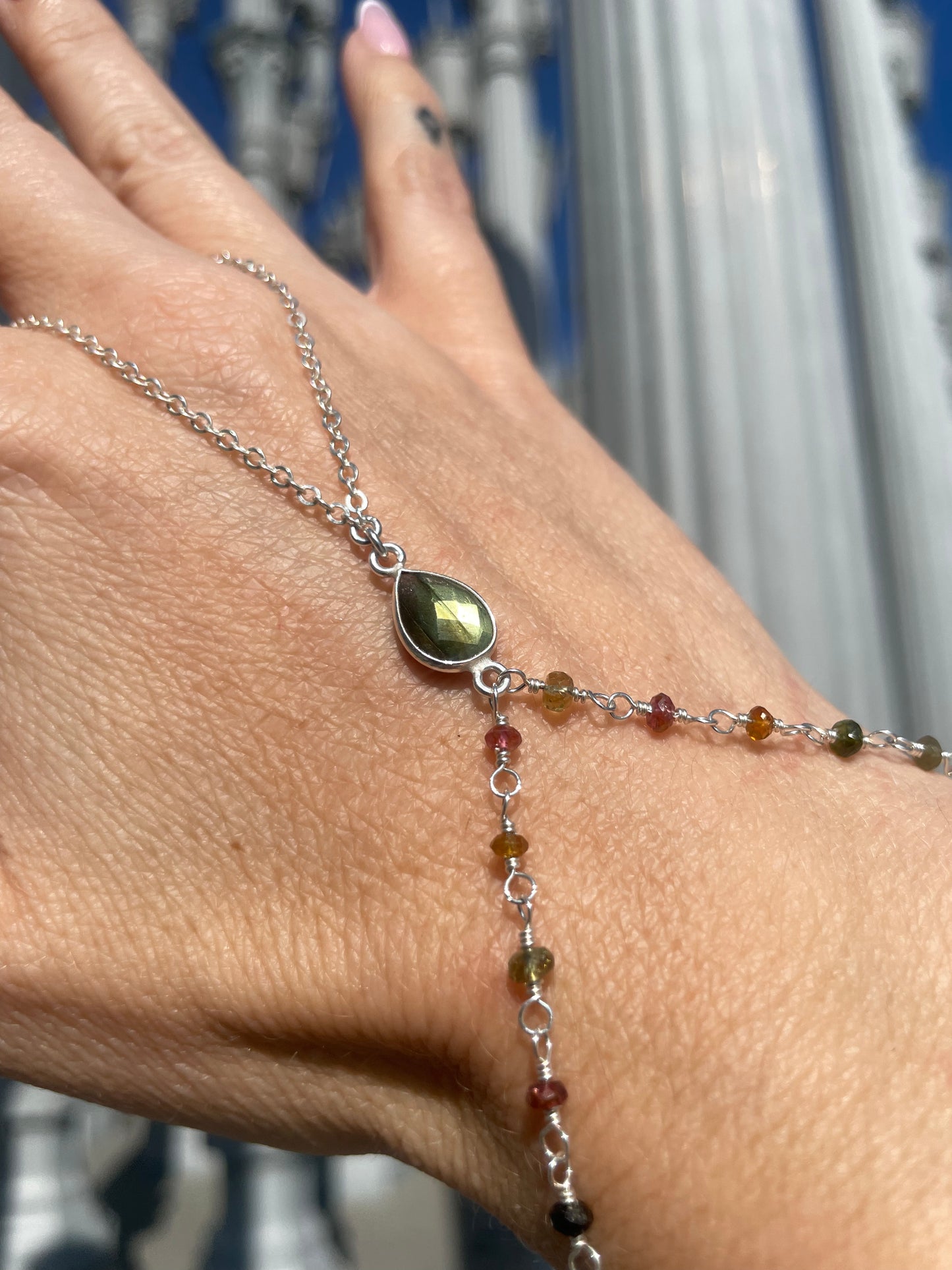 Labradorite w/ Wrapped Tourmaline Silver Hand Chain