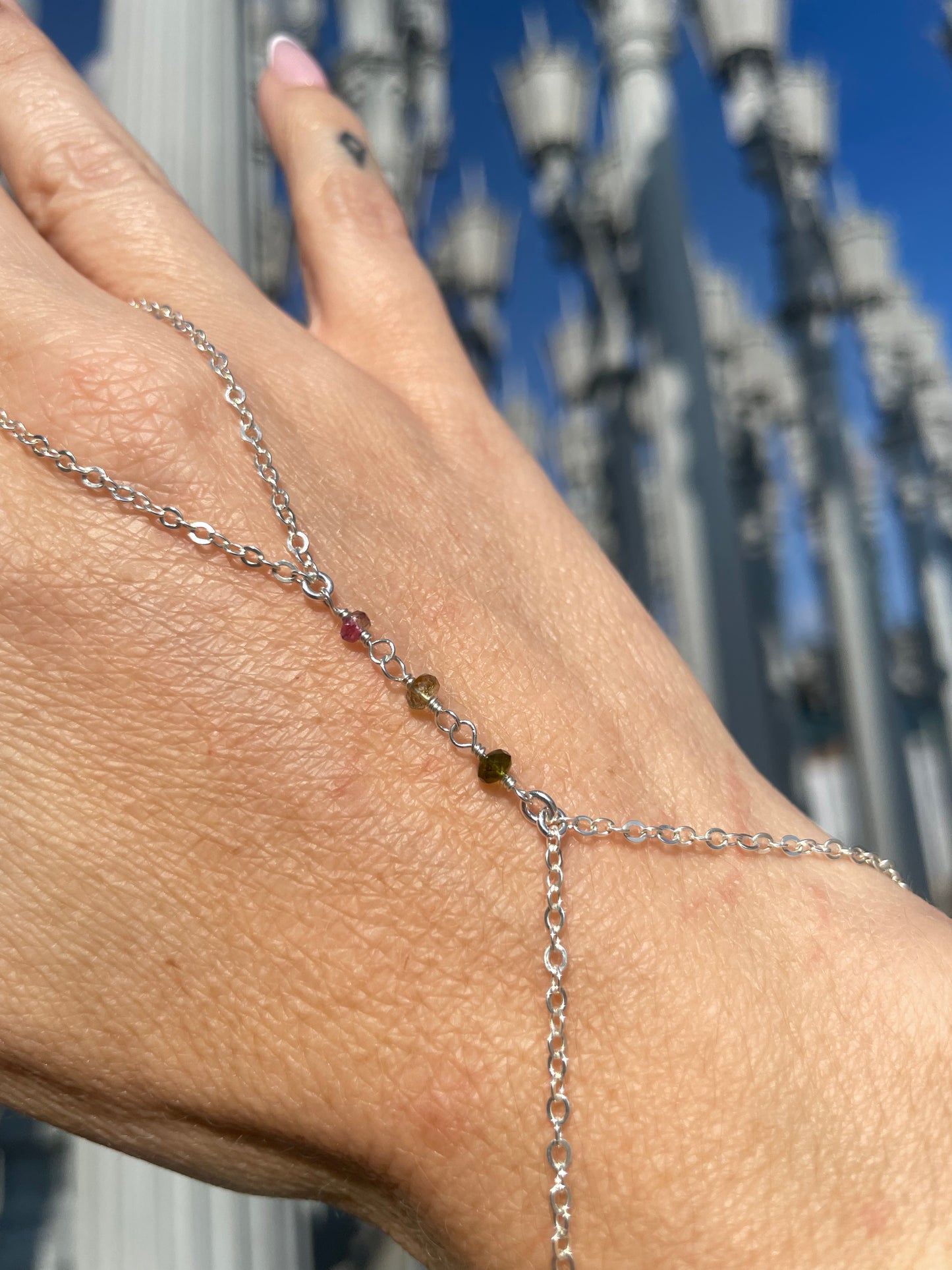 Tourmaline Wrapped Silver Hand Chain