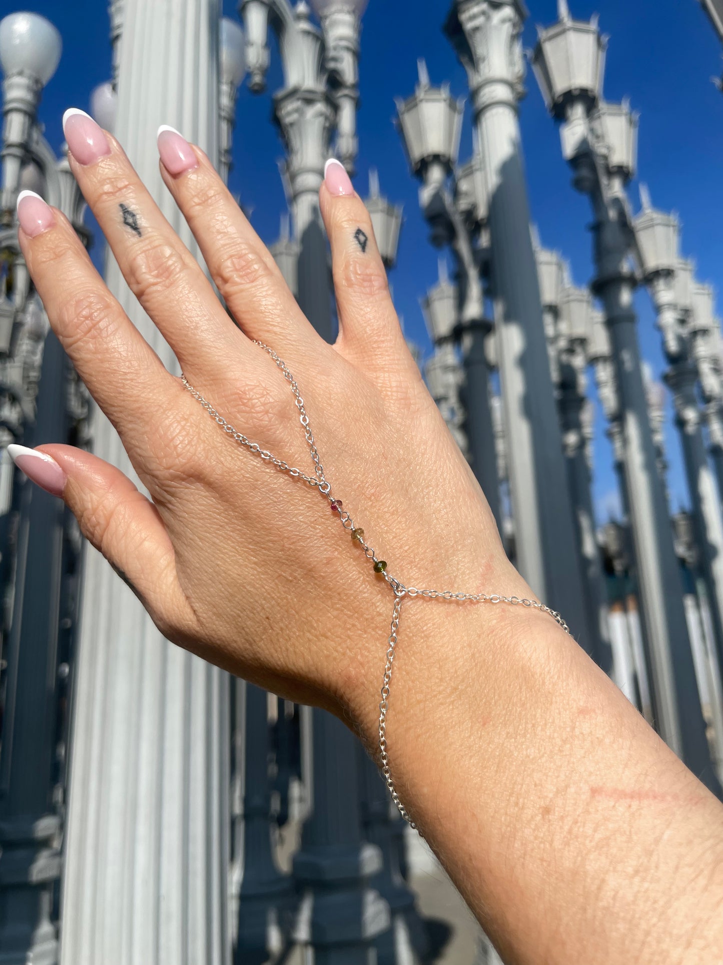 Tourmaline Wrapped Silver Hand Chain