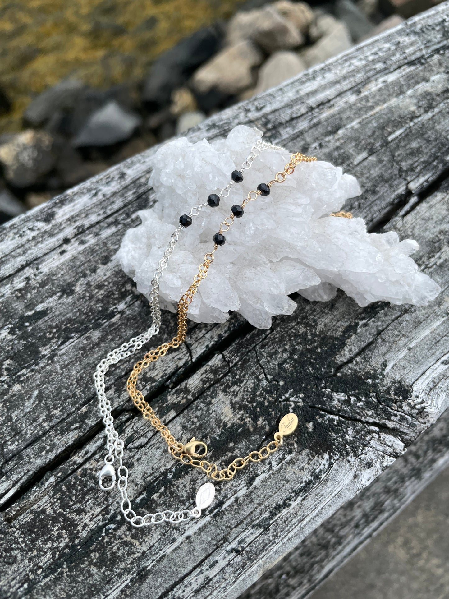 Black Spinel Wrapped Gold Hand Chain