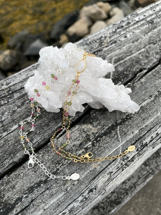 Moonstone Tourmaline Wrapped Silver Hand Chain