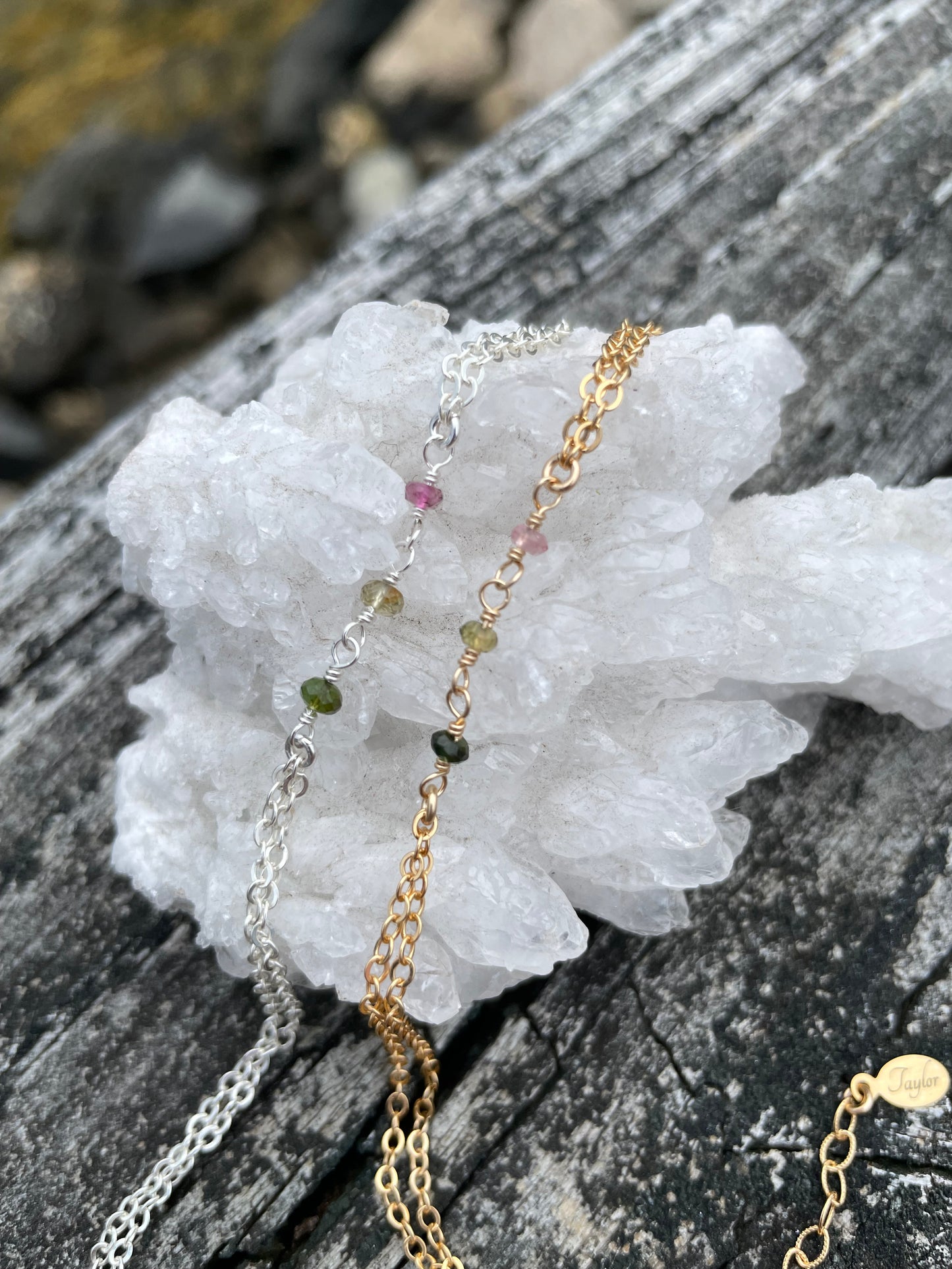 Tourmaline Wrapped Silver Hand Chain