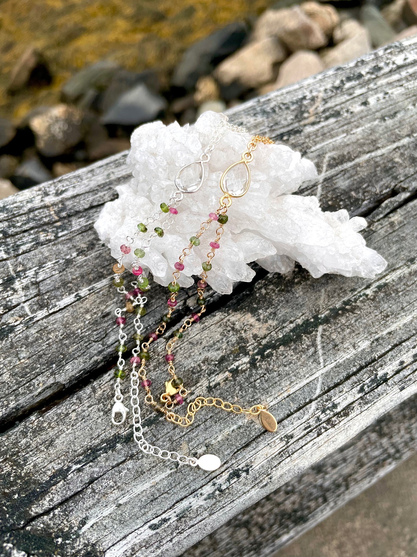 Crystal Quartz w/ Wrapped Tourmaline Silver Hand Chain